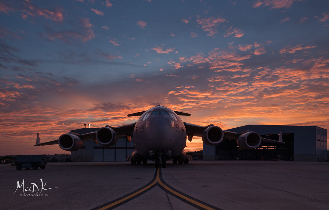 C-17 Globemaster III on the flight line at sunset — NC Air National Guard — Voice for Valor newsletter and veteran stories