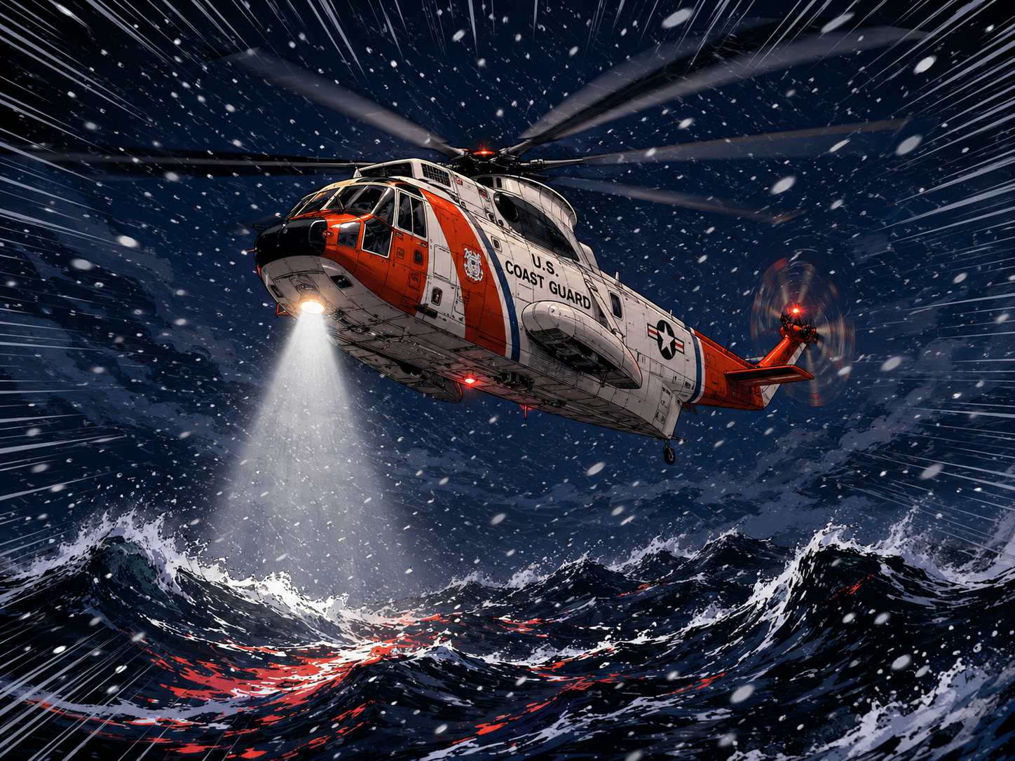 Coast Guard H-3 Sea King in a 50-foot hover at night, fighting a 70-knot Sitka blizzard, December 1987