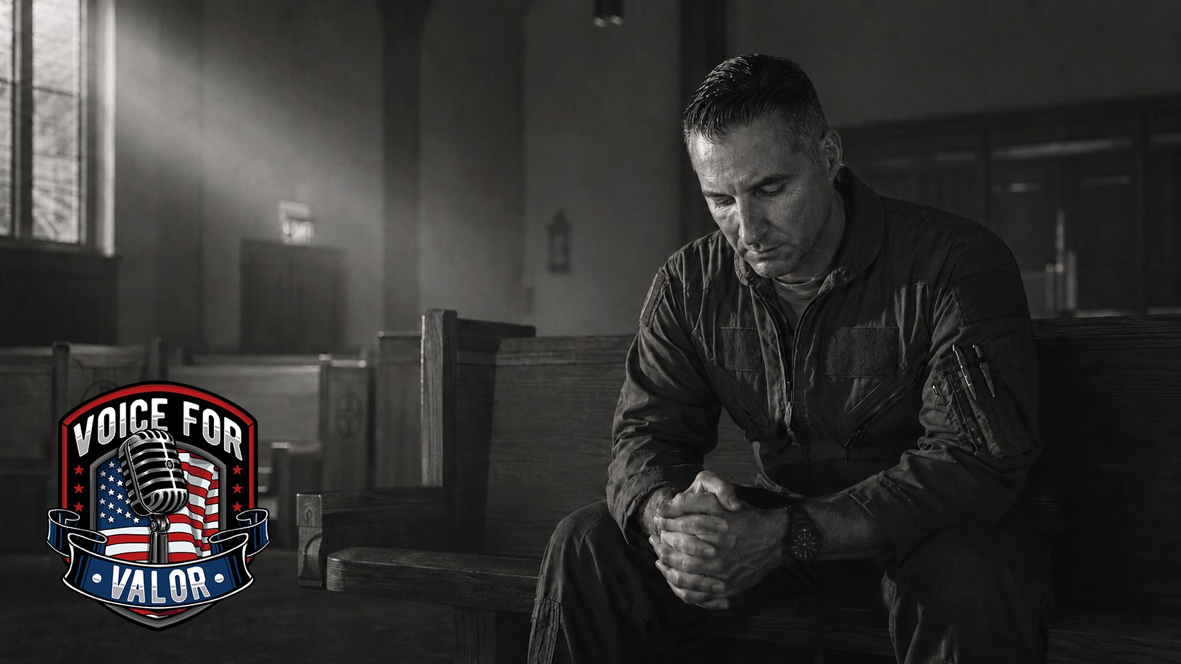 A veteran in flight gear in quiet reflection at a chapel pew