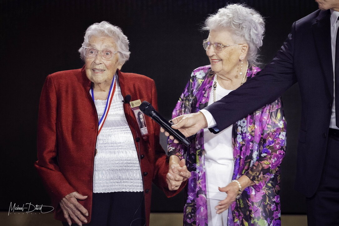 Two 'Rosie the Riveter' honorees of the World War II home front are interviewed on stage at the American Valor gala.
