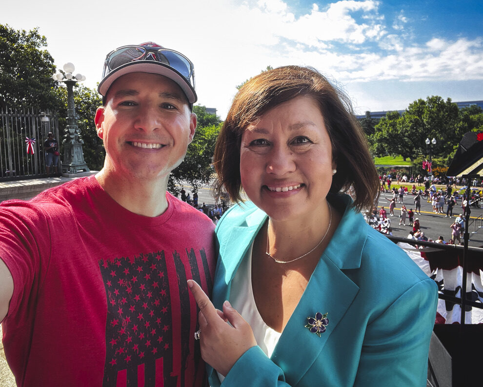 Michael Komorous on the viewing platform above the parade route at the National Archives Fourth of July celebration.