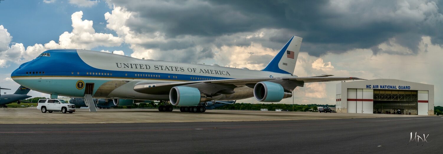 Air Force One parked on the ramp in front of the North Carolina Air National Guard hangar in Charlotte.