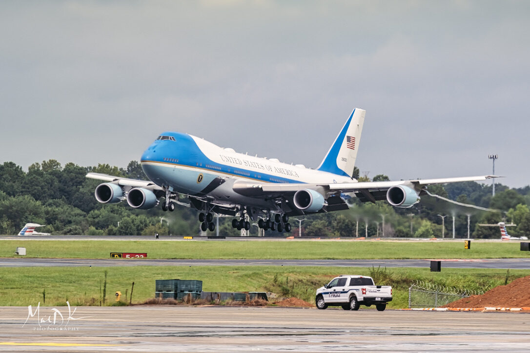 Air Force One touches down at Charlotte Douglas International Airport in North Carolina.