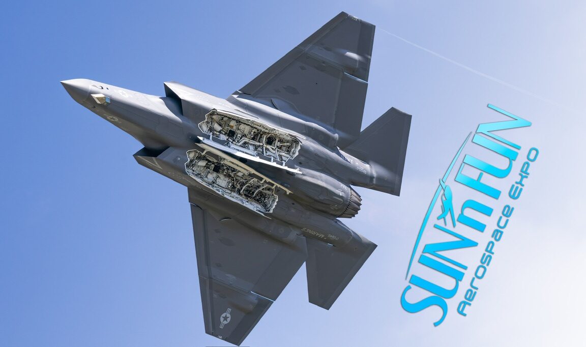 A U.S. Marine Corps F-35 banks with its weapons-bay doors open during the Sun 'n Fun Aerospace Expo.
